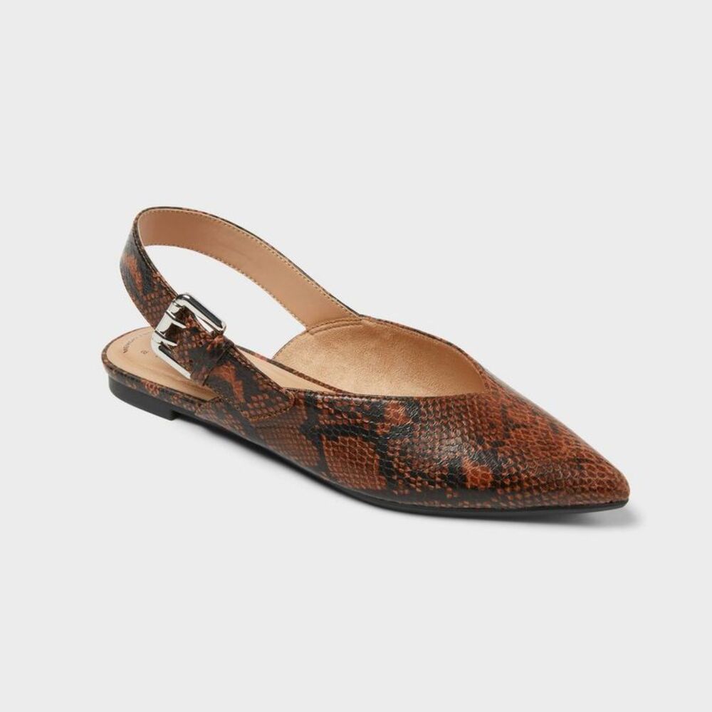Womens Brown Snake-Print Slingback Pointed Flat